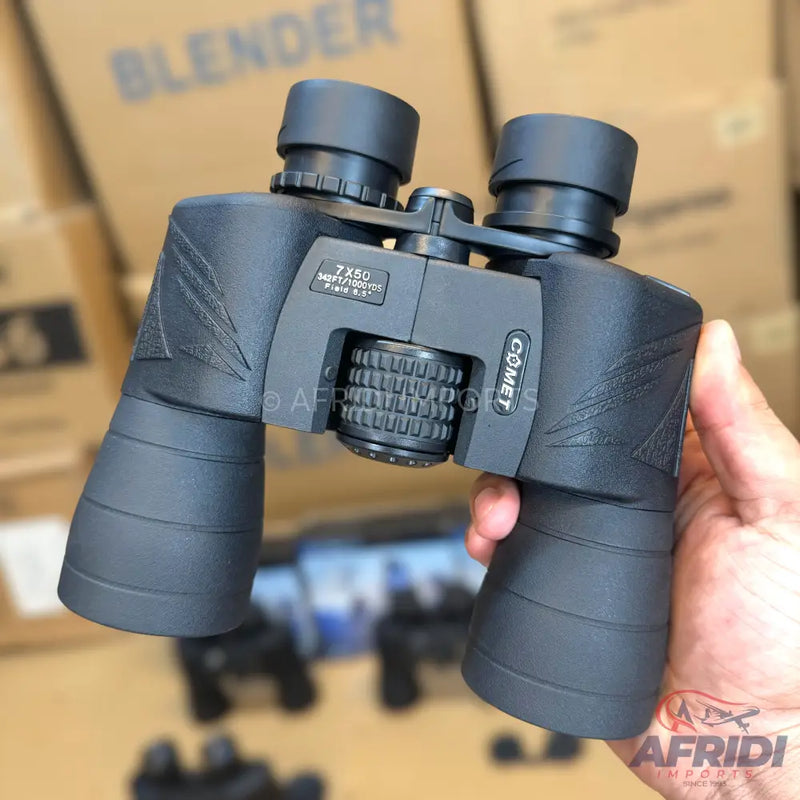 Black 7x50 binoculars with textured grip and central focus wheel.
