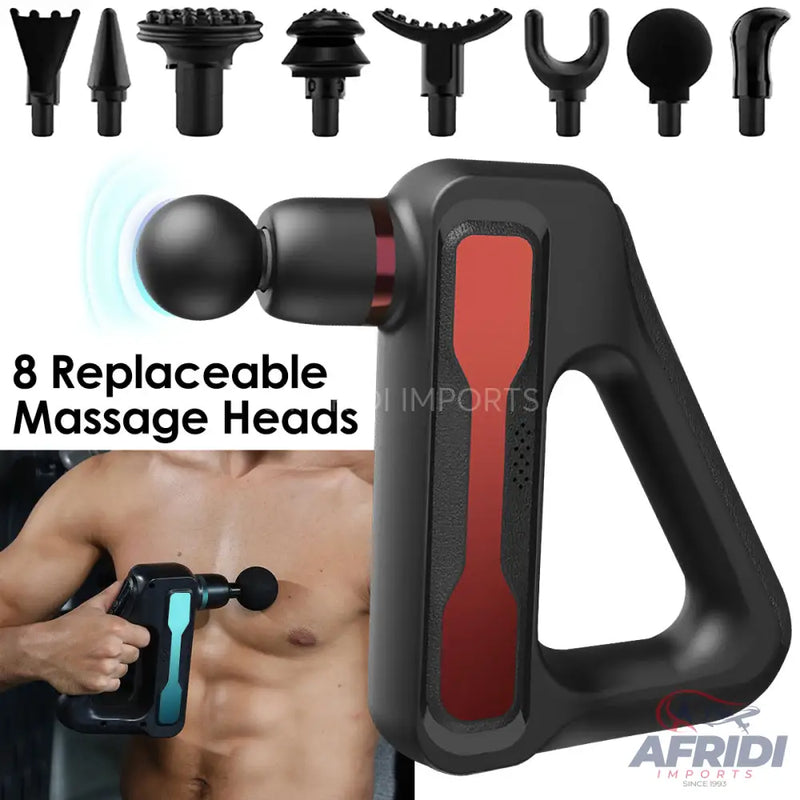 Black and red handheld massage gun with eight interchangeable heads
