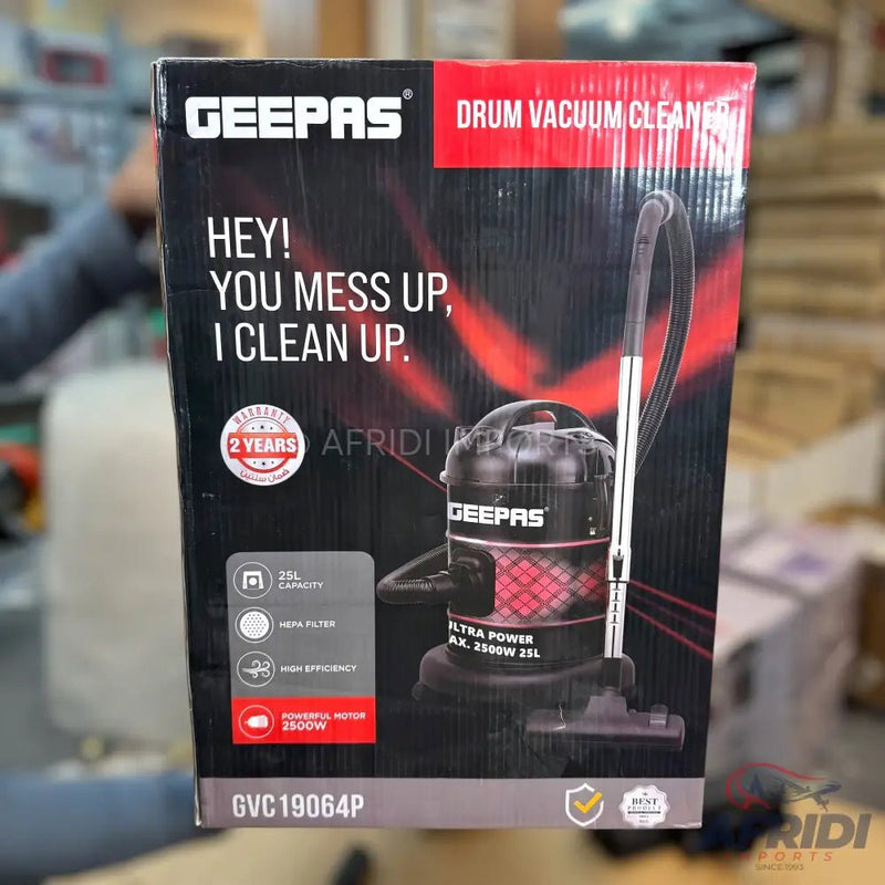 Geepas 2500W 25L Drum Vacuum Cleaner - 2 Years Warranty - Afridi Imports