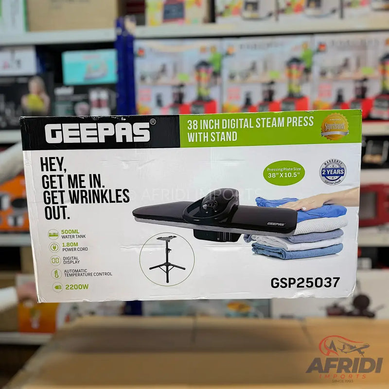 Geepas 38-inch digital steam press with stand for wrinkle removal.