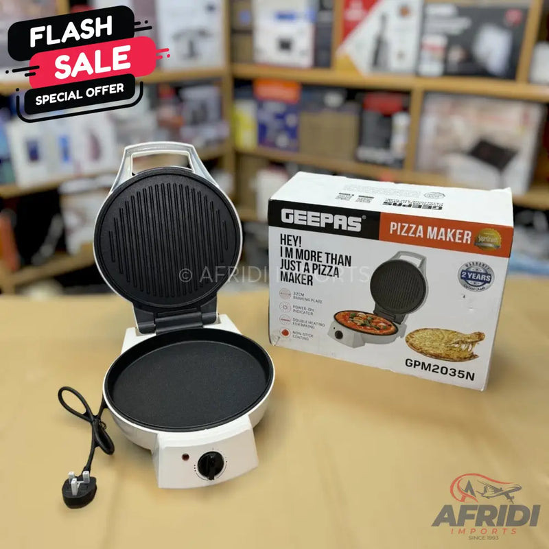 White electric pizza maker with a non-stick cooking surface and a hinged top grill.
