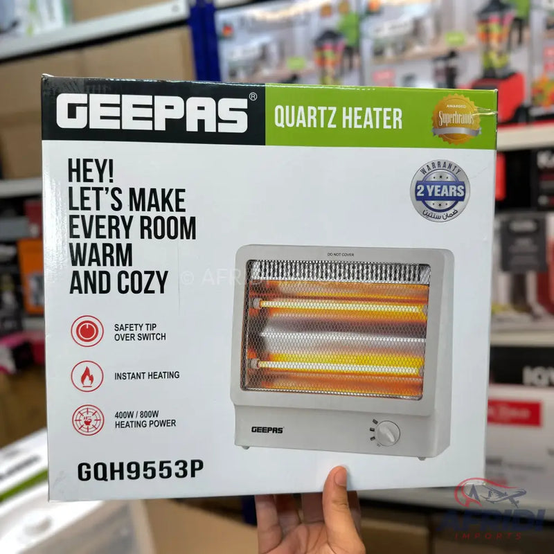 A Geepas Quartz Heater with 400W/800W heating power, a safety tip-over switch, and instant heating.
