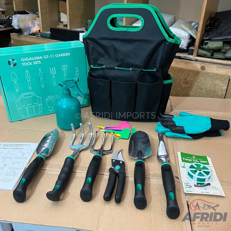A complete 11-piece garden tool set with a carrying tote bag.