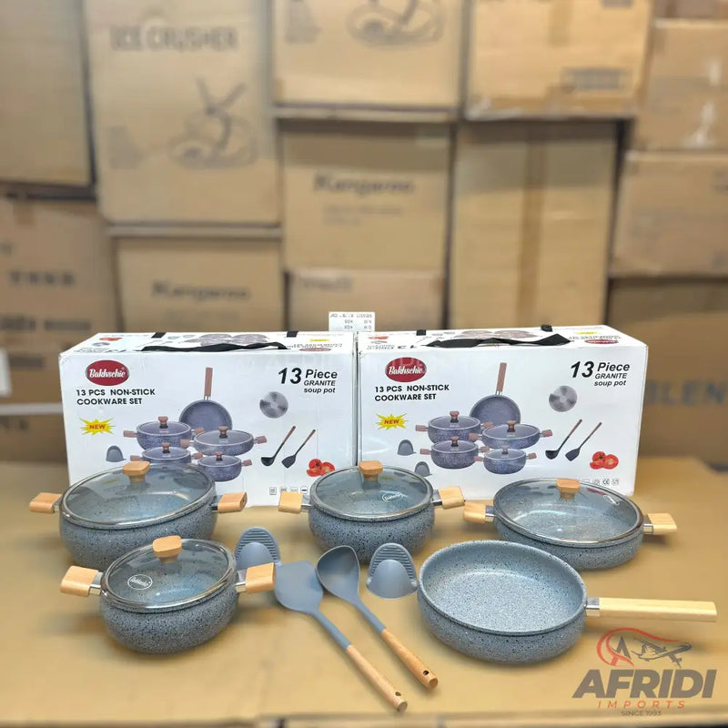 A 13-piece non-stick granite cookware set.