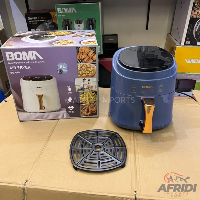 A blue and gold BOMA 8L air fryer with a matching box and a black grill insert.