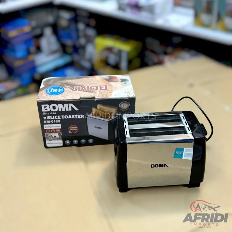 A stainless steel and black two-slice toaster with its packaging.
