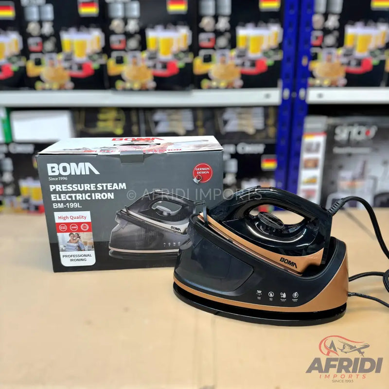 Black and bronze pressure steam electric iron with a charging base.