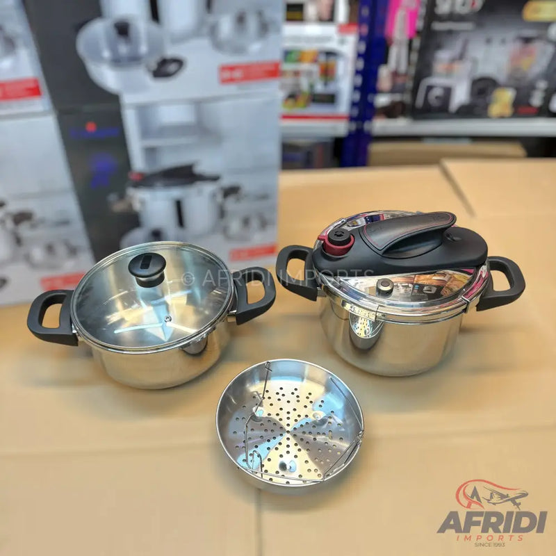 A stainless steel cookware set including a pressure cooker, a pot with a glass lid, and a steamer insert.