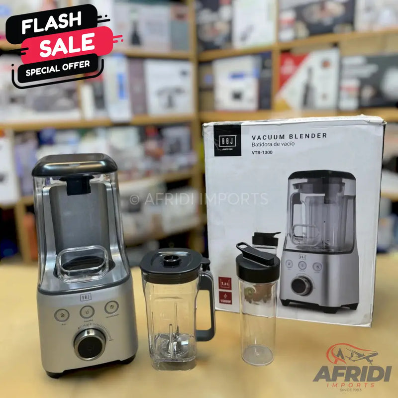 Silver vacuum blender with multiple attachments and a special offer banner.