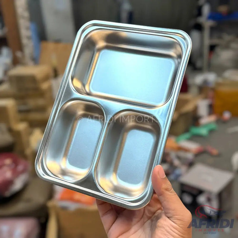 Korean Style Stainless Steel Lunch Tray with Lid - 3 Section - Afridi Imports