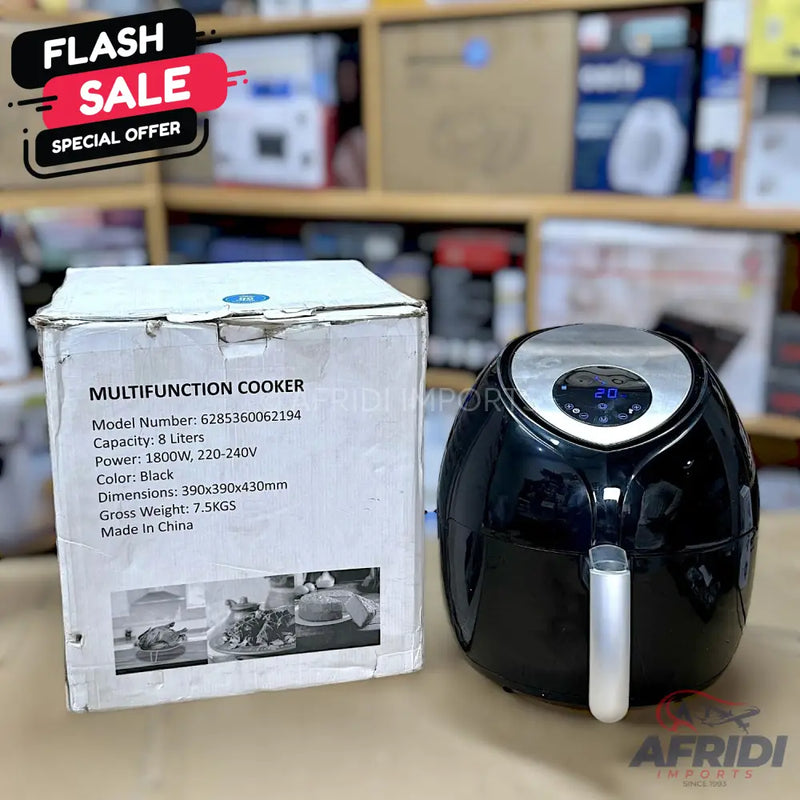Black 8-liter multifunction air fryer with 1800W power.