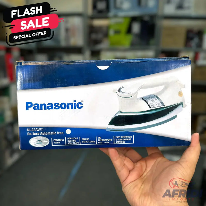 A Panasonic NI-22AWT De-luxe Automatic Iron, featuring 1000W power, non-stick coating soleplate, deluxe metal cover, thermostatic pilot lamp, and easy operation with 6 temperature settings.