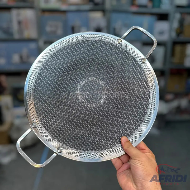 A round, flat, non-stick pan with a hexagonal pattern and two handles.