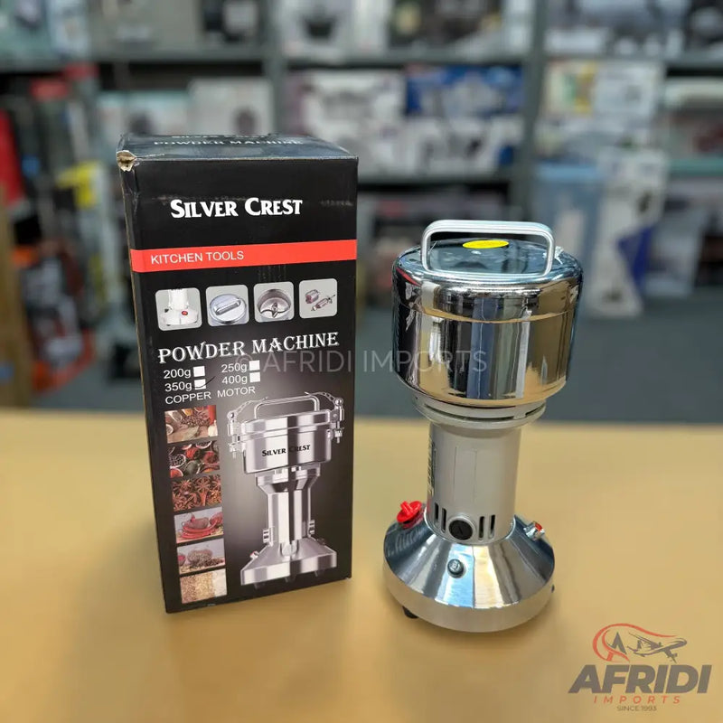 A Silver Crest powder machine for kitchen use, available in 200g, 250g, 350g, and 400g capacities, featuring a copper motor.
