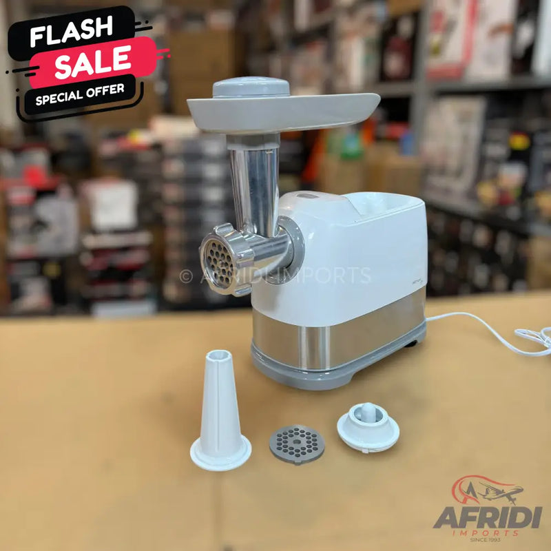 White and silver electric meat grinder with attachments
