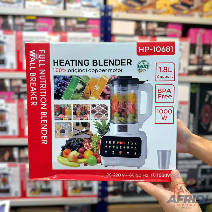 A white heating blender with a 1.8L capacity, 1000W power, and a 100% original copper motor.