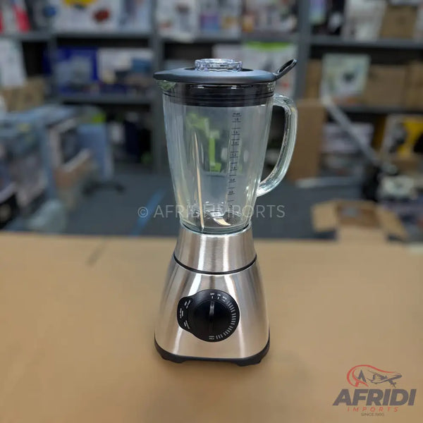 Stainless steel blender with a glass jar and a black dial.