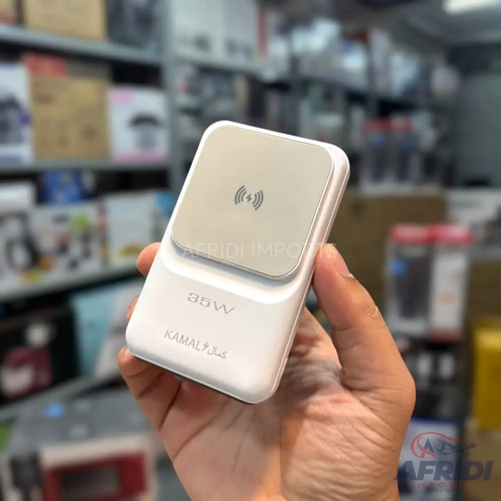 White wireless power bank with 85W output.