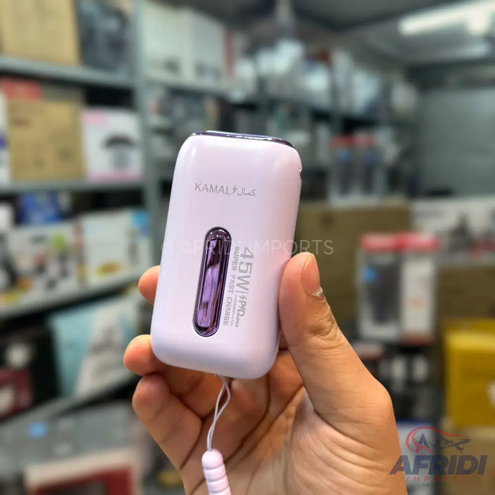 A white portable charger with a transparent purple window, featuring 45W PD super fast charging capability.