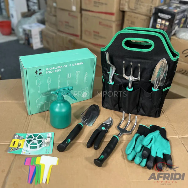 A comprehensive gardening tool set with various hand tools, a spray bottle, plant tags, twist ties, and gloves, all neatly organized in a carrying bag.