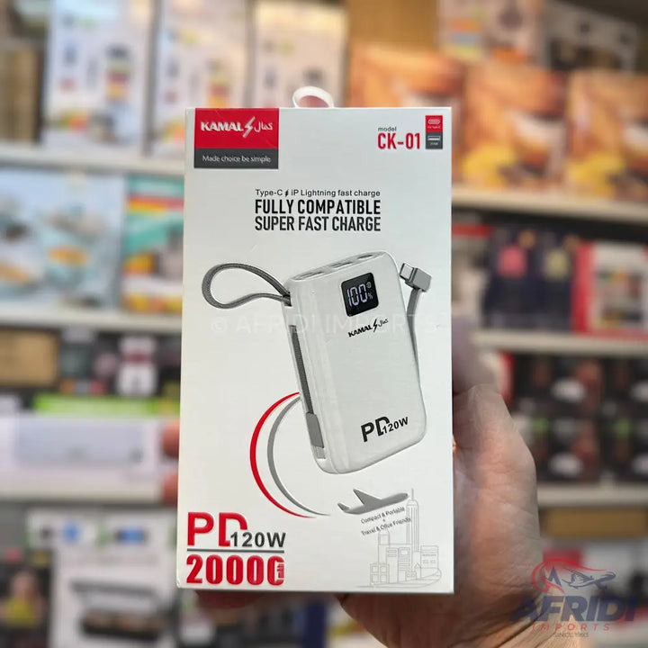 White portable power bank with built-in charging cables and a digital display.