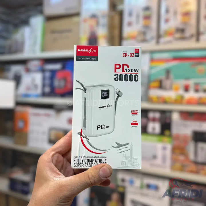 White power bank with 120W PD and 30000mAh capacity, featuring a digital display, built-in cables, and super-fast charging compatibility for Type-C and Lightning devices.