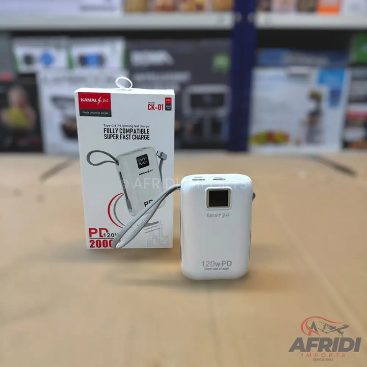 A white portable power bank with a digital display and built-in charging cable.