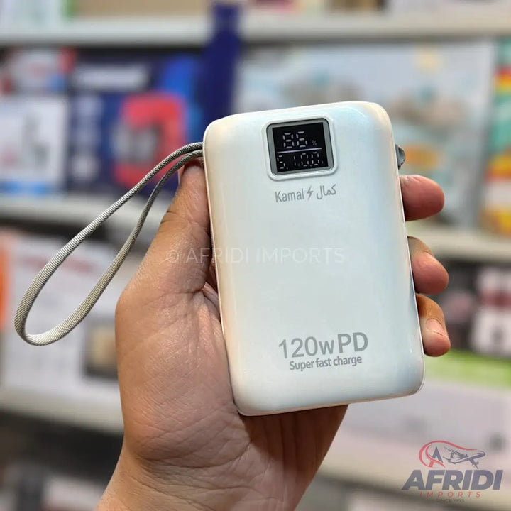 White portable power bank with a digital display and strap, featuring 120W PD super-fast charging.