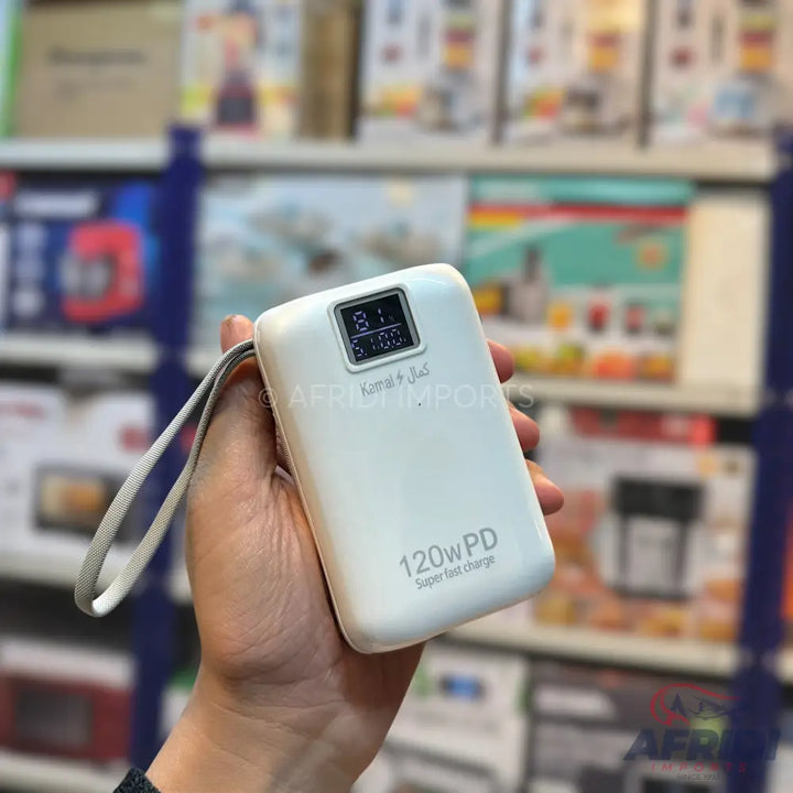 White power bank with a digital display and a wrist strap.