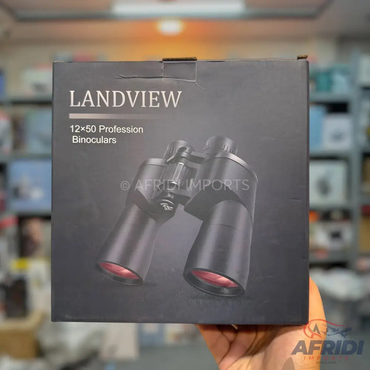 Black box for ’LANDVIEW 12x50 Profession Binoculars’ with an image of the binoculars.