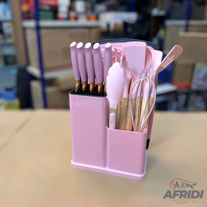 19 Piece Kitchen Utensils & Knives Set Pink
