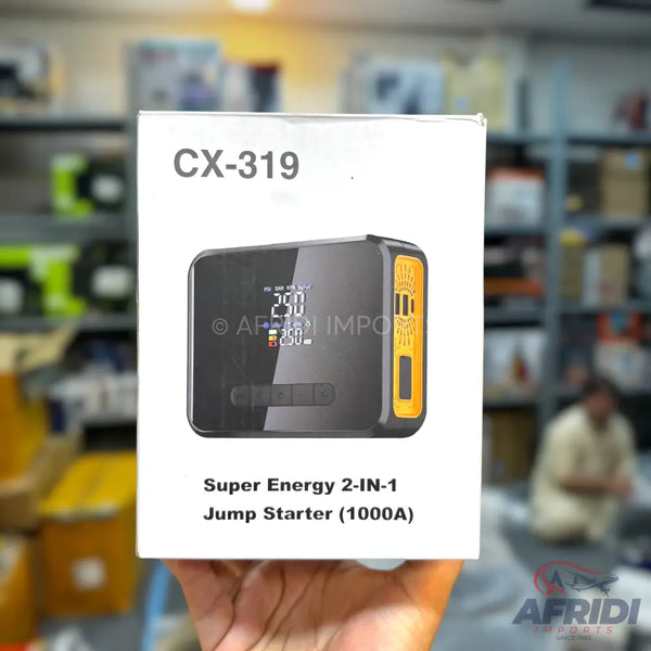 A portable jump starter with a digital display and multiple ports, labeled as a ’Super Energy 2-IN-1 Jump Starter (1000A)’ and model ’CX-319.’