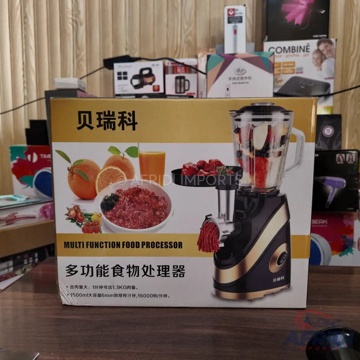 A multi-function food processor, blender, and meat grinder.