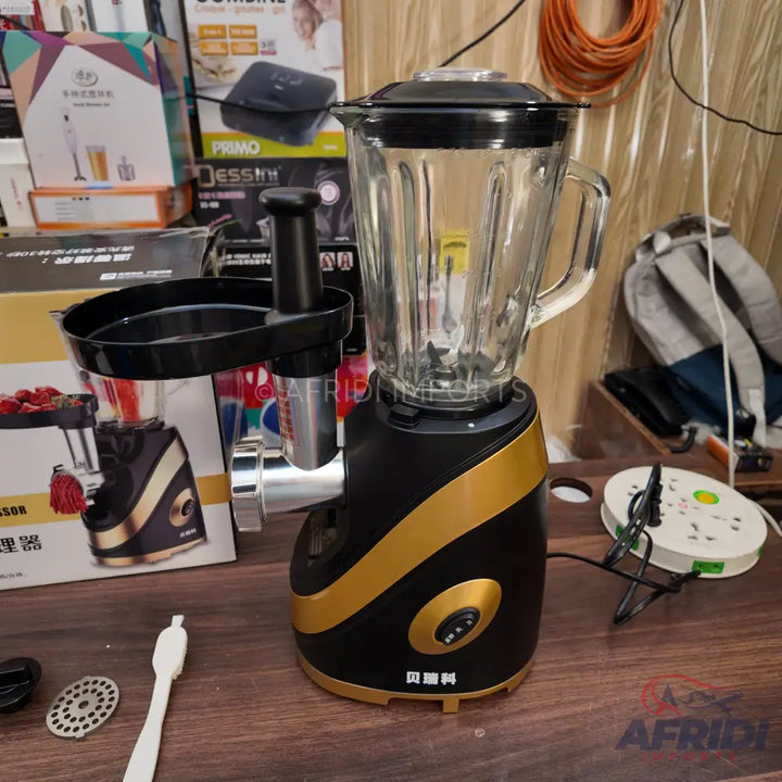 Black and gold multi-function blender with a glass jar and a meat grinder attachment.