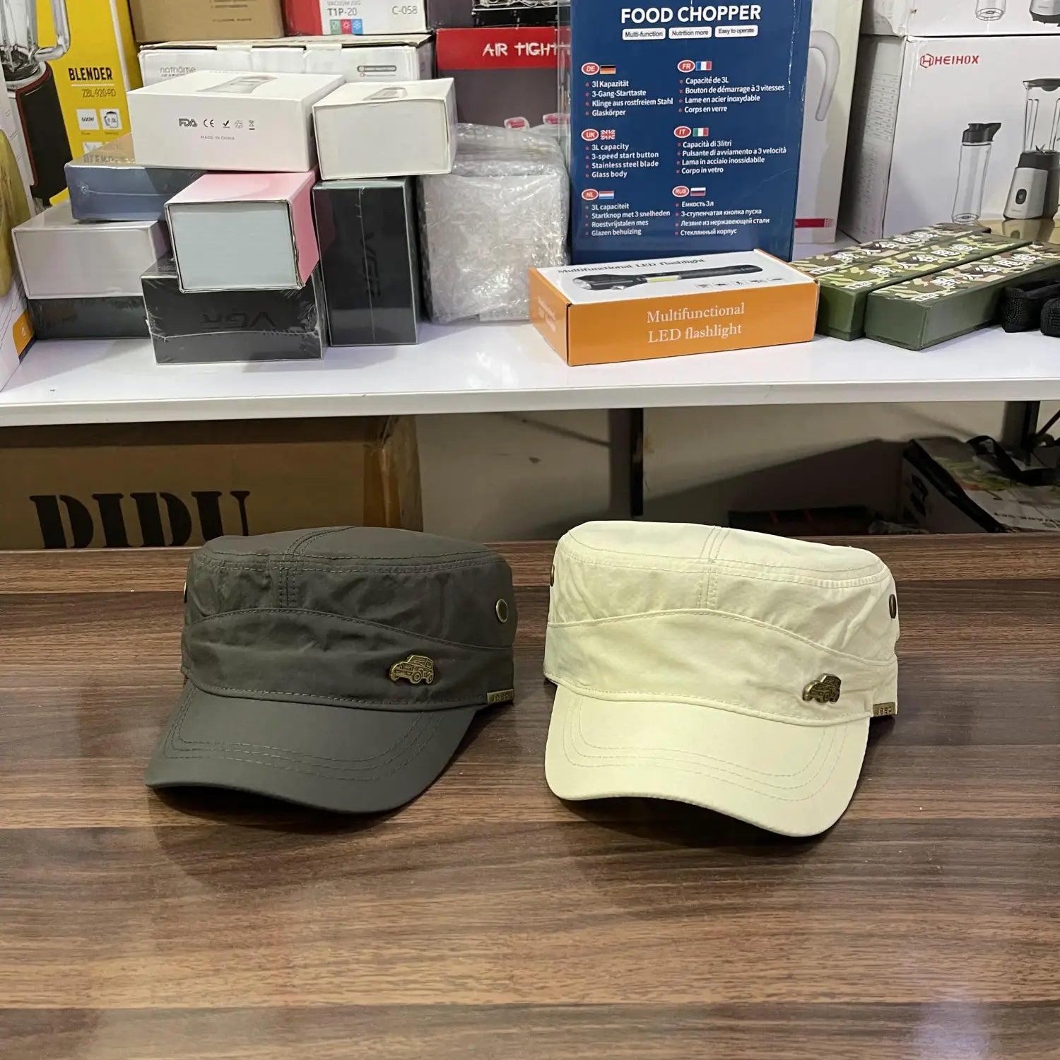 Imported Jeep military caps in dark green and off-white, lot imported cadet headwear