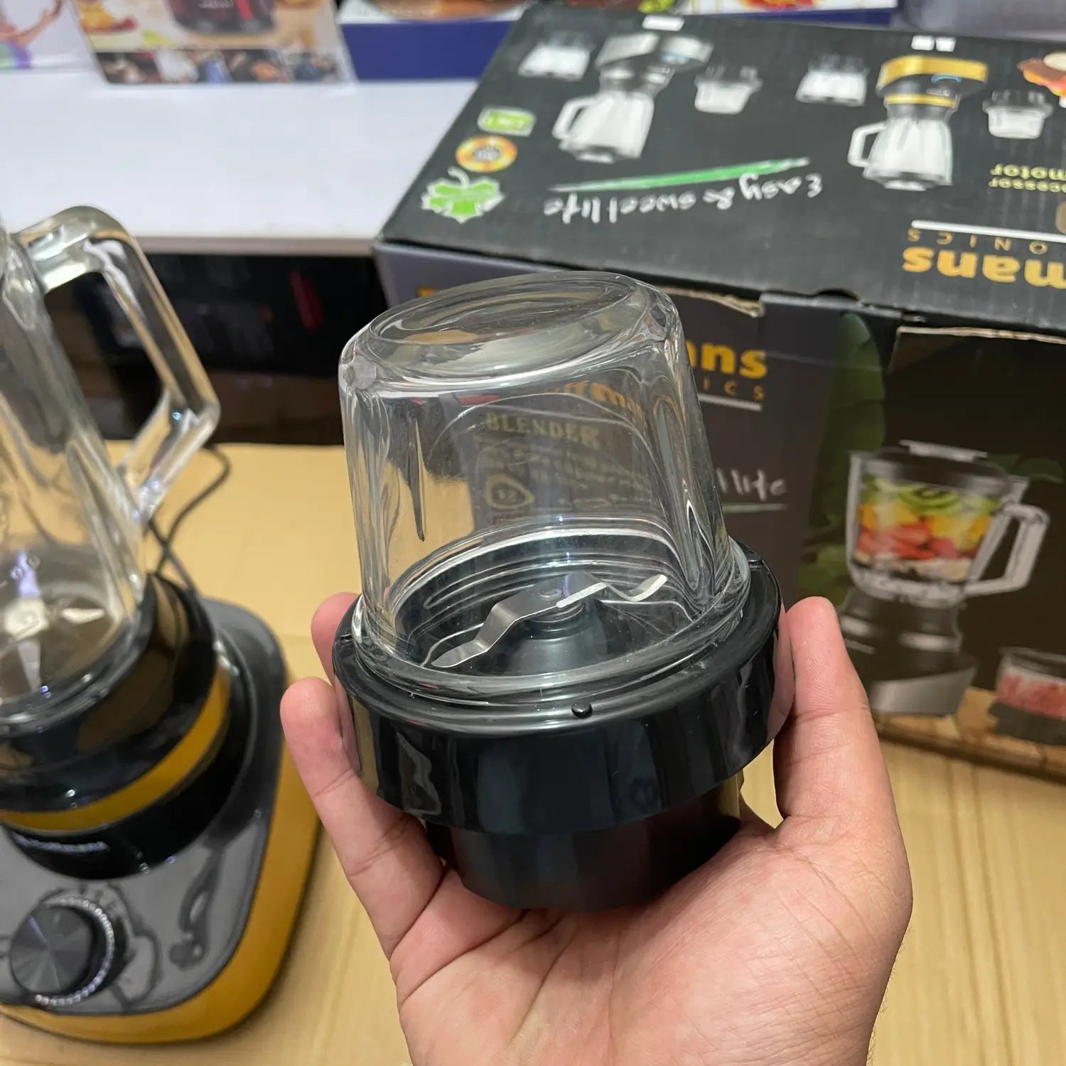 Personal blender attachment with clear cup and stainless steel two-blade assembly for Hoffmans 3-in-1 Blender