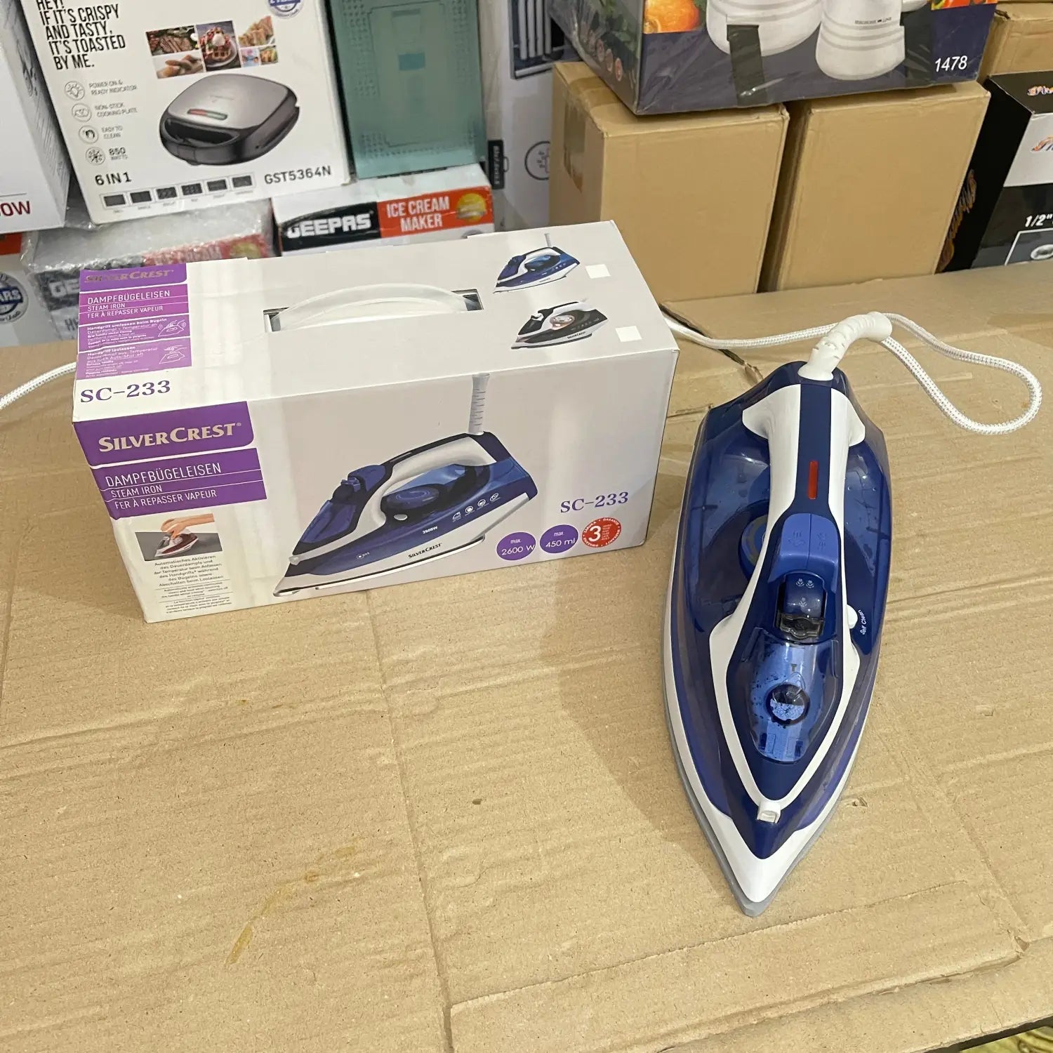 German Lot Imported Silver Crest Steam Iron SC-233 with packaging and blue white design