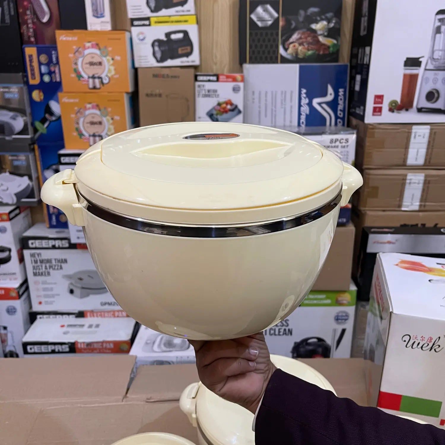 Cream-colored insulated pot with lid and side handles from Lot Imported Workang 4 Piece Insulated Pot