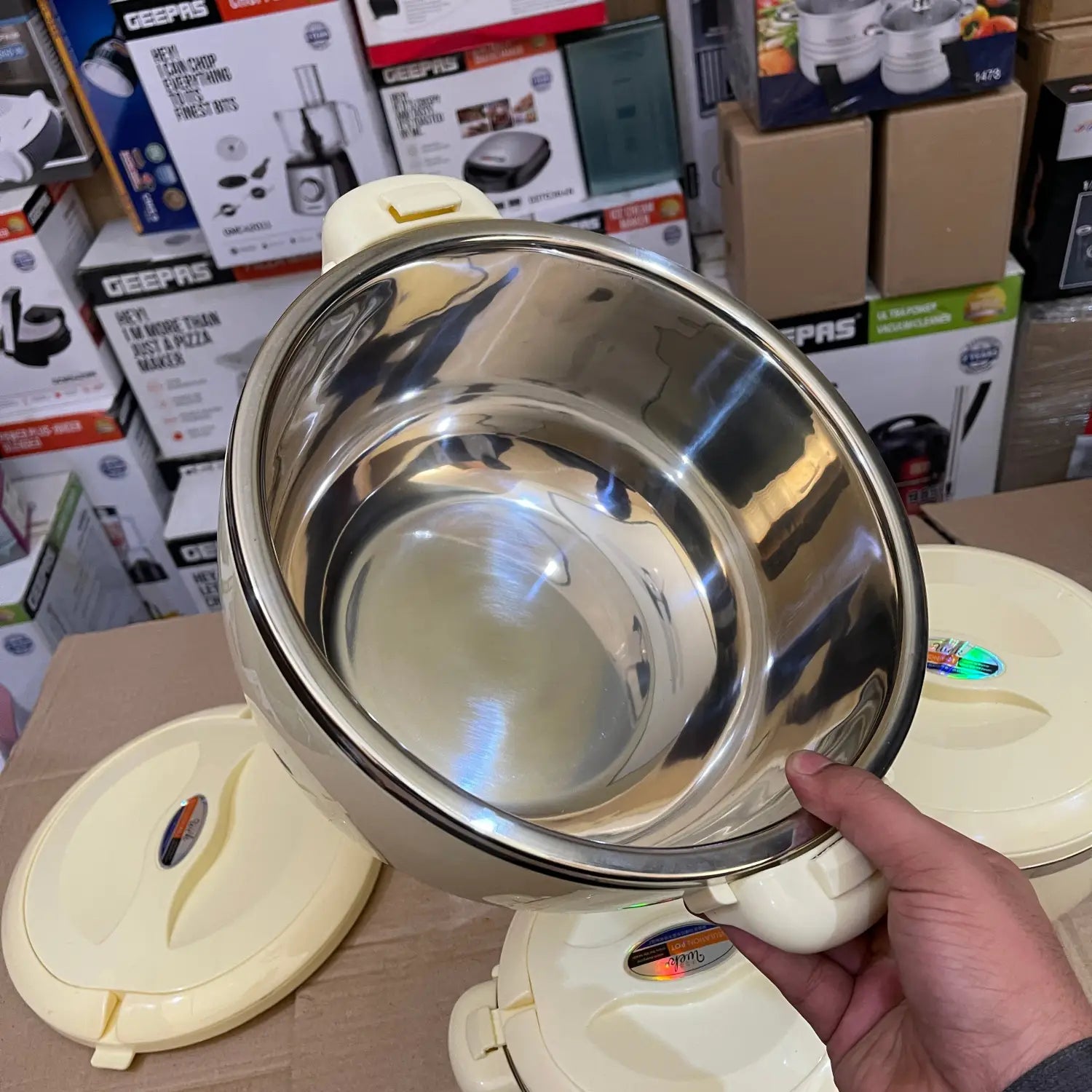 Cream-colored insulated pot from Lot Imported Workang 4 Piece Insulated Pot collection