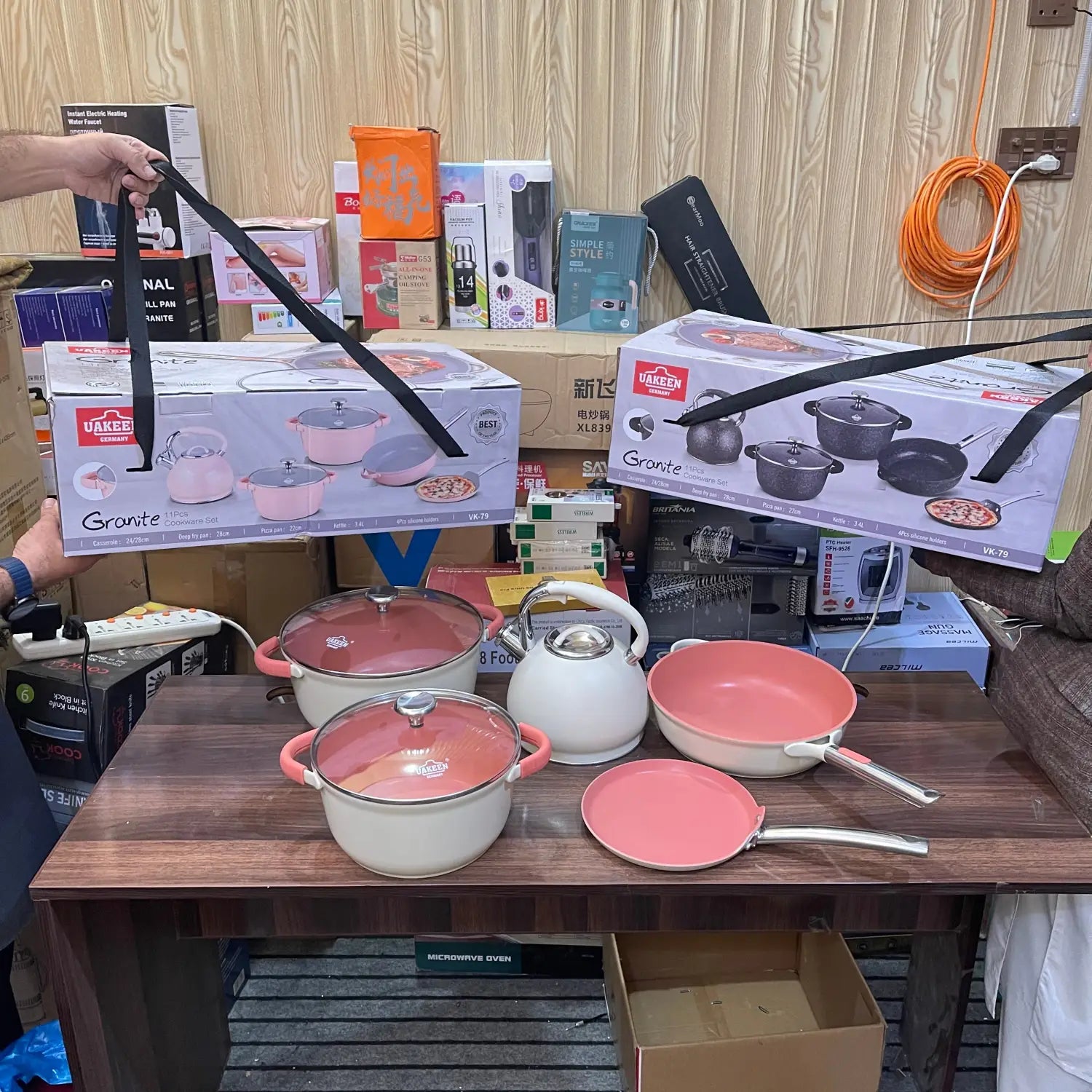 Pink and white German Lot Imported Uakeen 5-in-1 Cookware Set with pots, pans, kettle