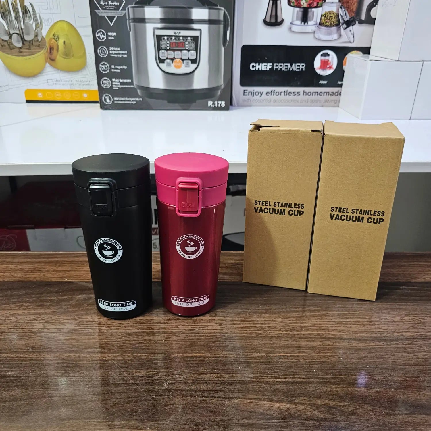 Lot Imported stainless steel vacuum tumblers in black and red with packaging