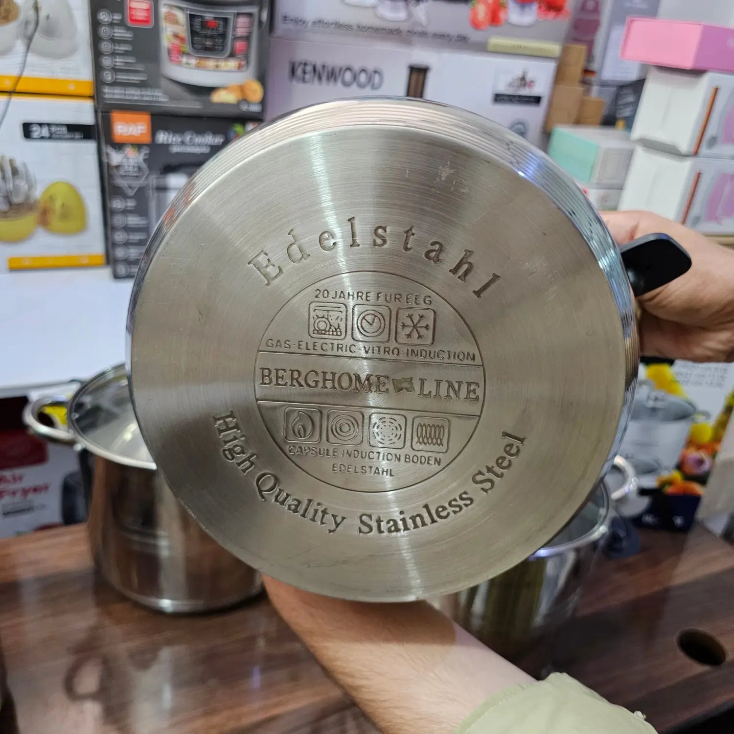 Stainless steel cooking pot with induction-compatible base from Lot Imported BergHome-Line cookware set