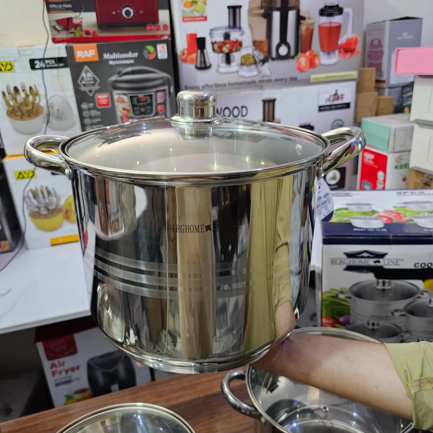 Stainless steel cooking pot with glass lid from Lot Imported BergHome-Line 8 Piece Cookware set