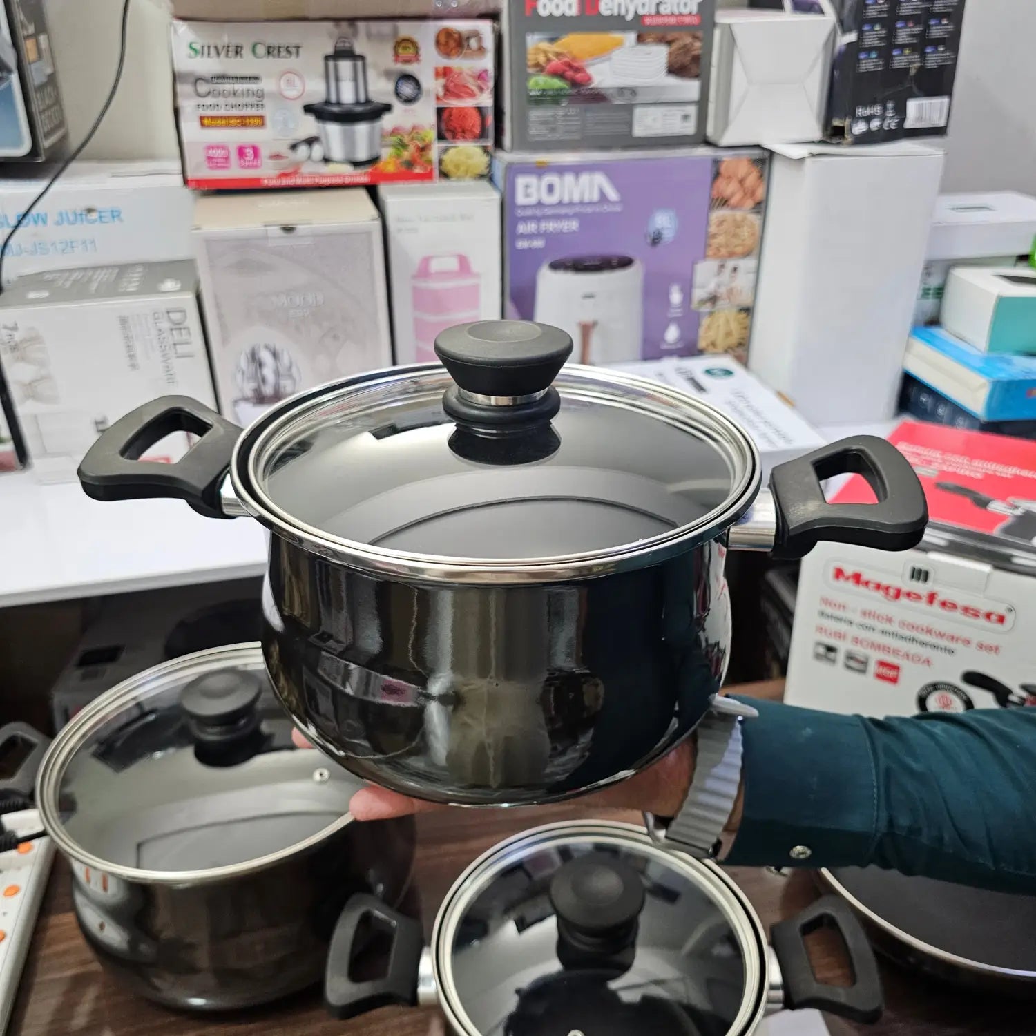 Black cooking pot with glass lid and handles from German Lot Imported Megafesa cookware set