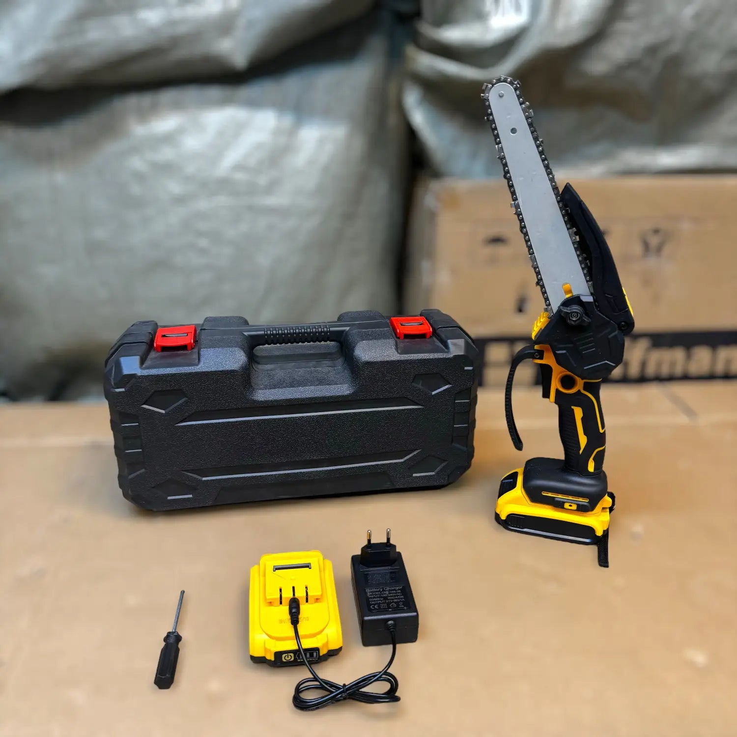SwiftCut Rechargeable Chainsaw mini chainsaw with carrying case, battery, charger, and screwdriver