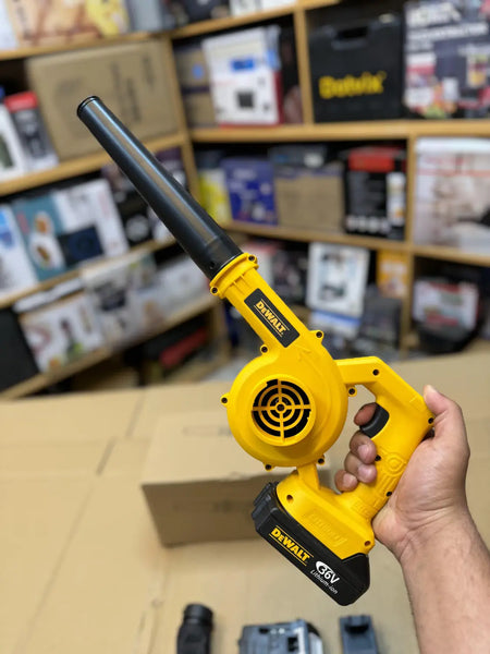 Yellow and black cordless handheld leaf blower with 36V battery, Lot Imported Dewalt model