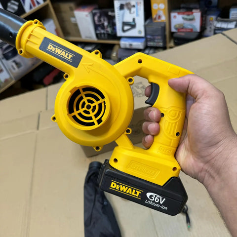 Yellow cordless handheld leaf blower with black battery pack, Lot Imported Dewalt product