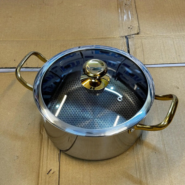Stainless steel Flanek 5L Laser Crafted Casserole with glass lid and gold handles