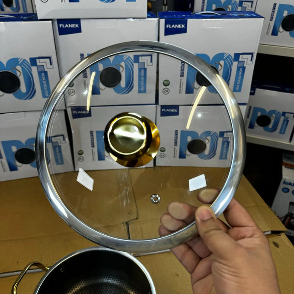 Glass pot lid with metal rim and gold handle for Flanek 5L Laser Crafted Casserole
