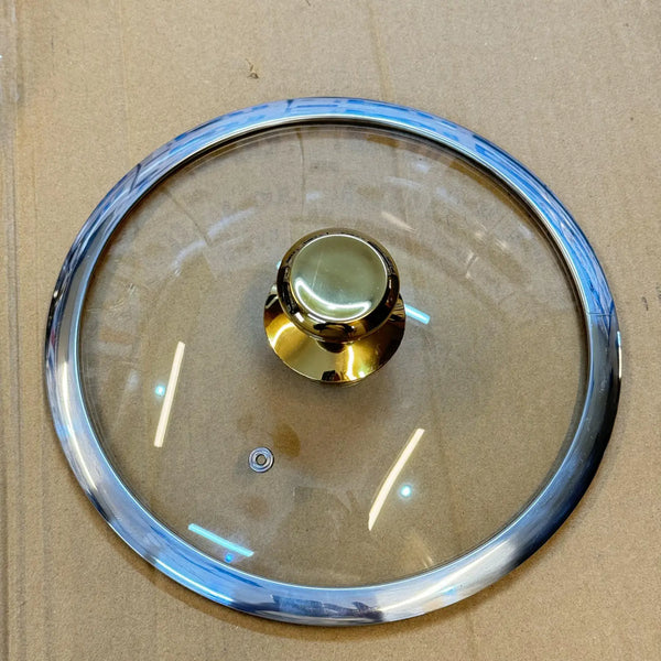 Round clear glass pot lid with gold knob and silver rim for Flanek 5L Laser Crafted Casserole
